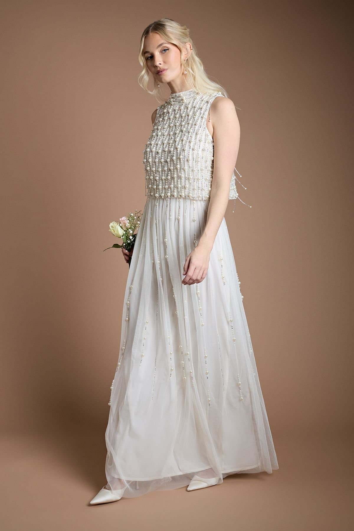 Coast Coast Women's Pearl Beaded Overlay Georgette Wedding Dress in Ivory