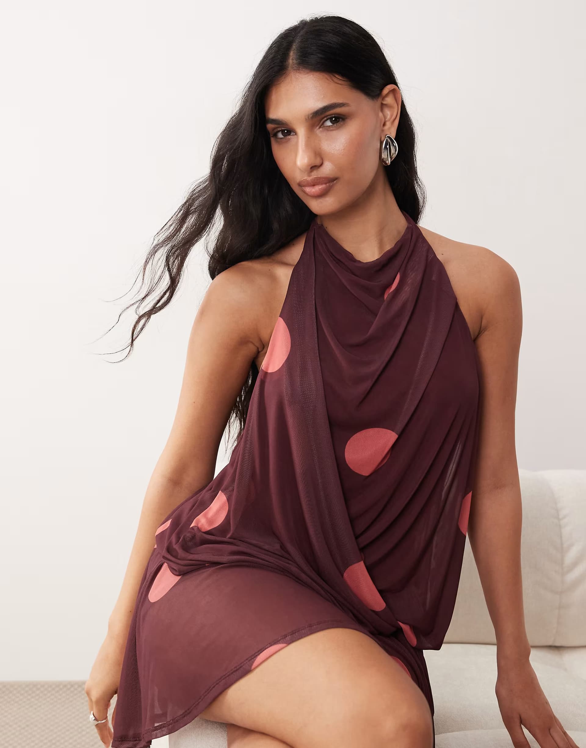 ASOS ASOS DESIGN printed mesh draped halter mini dress with blouson in polka dot