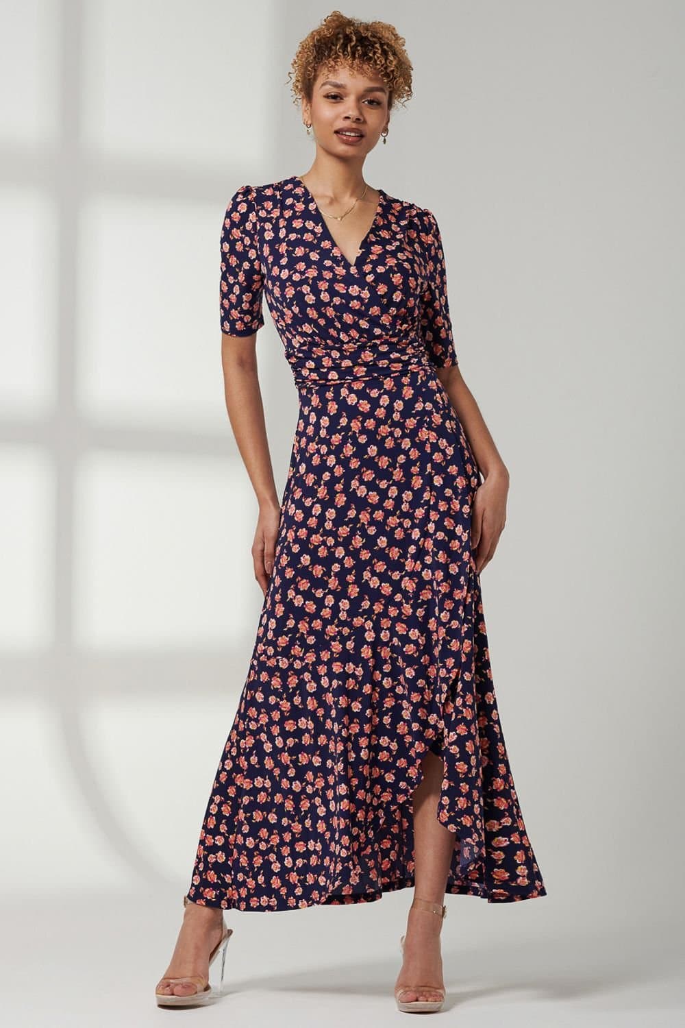 Jolie Moi Jolie Moi Women's Print Viscose Frill Hem Maxi Dress in Navy