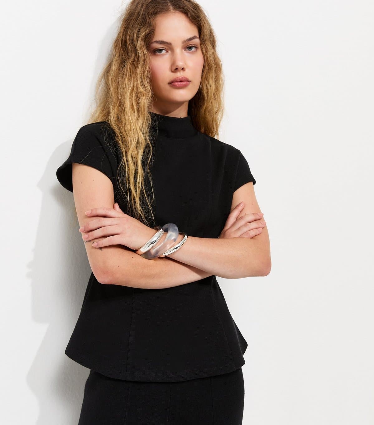 New Look Women's Black Cotton Rich Soft Touch High Neck Peplum Top New Look