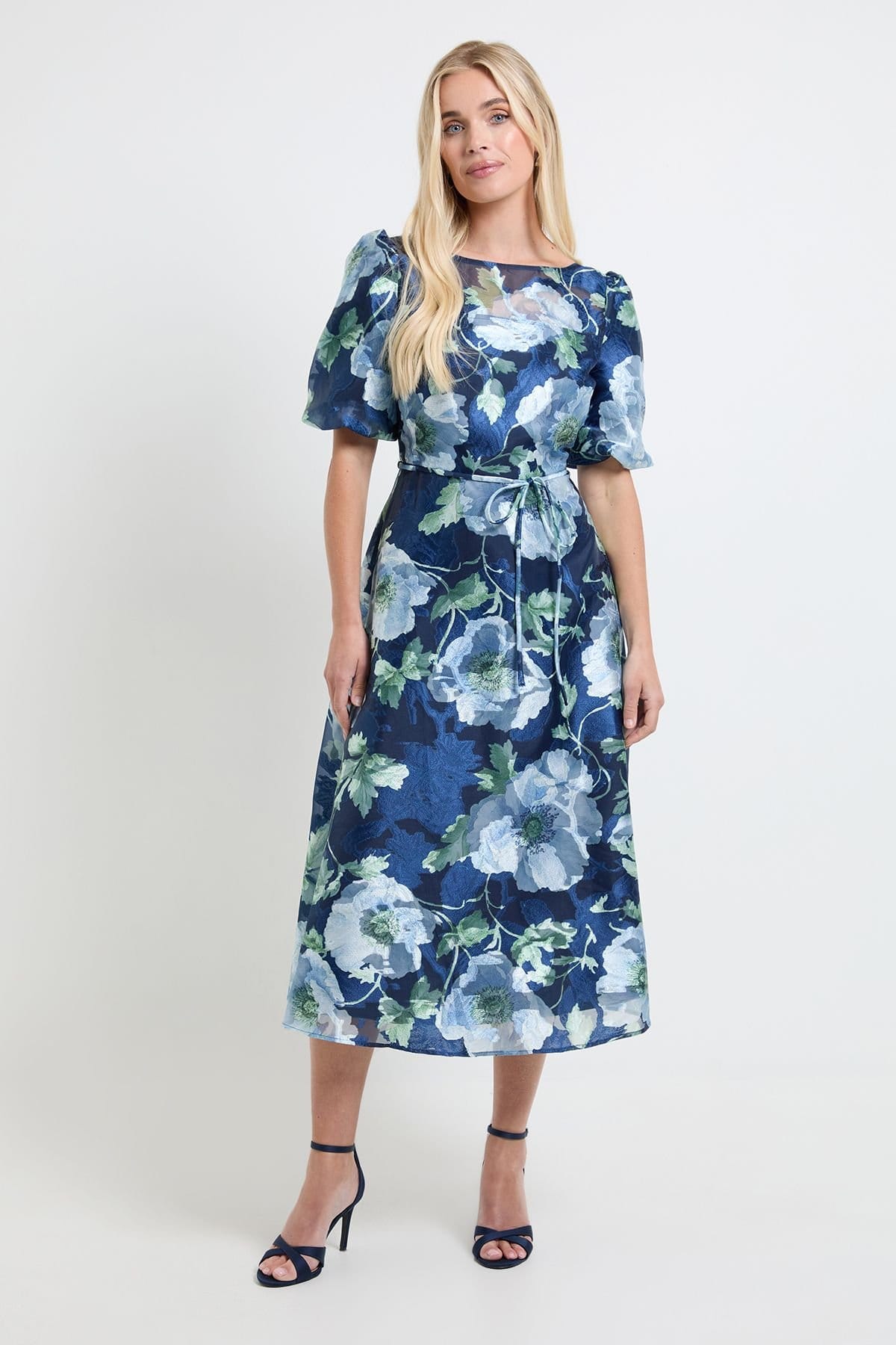 Wallis Wallis Women's Petite Floral Organza Puff Sleeve Midi Dress in Navy - 1