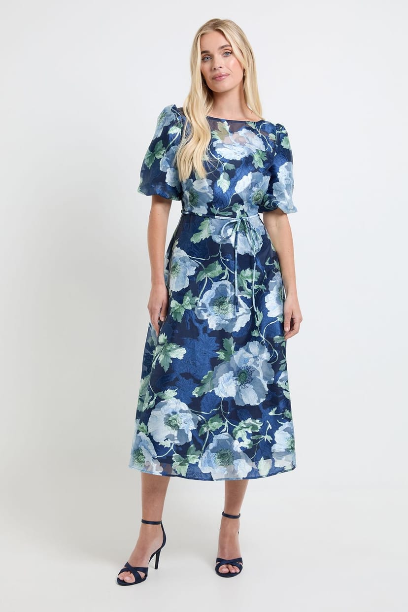 Wallis Wallis Women's Petite Floral Organza Puff Sleeve Midi Dress in Navy - 1