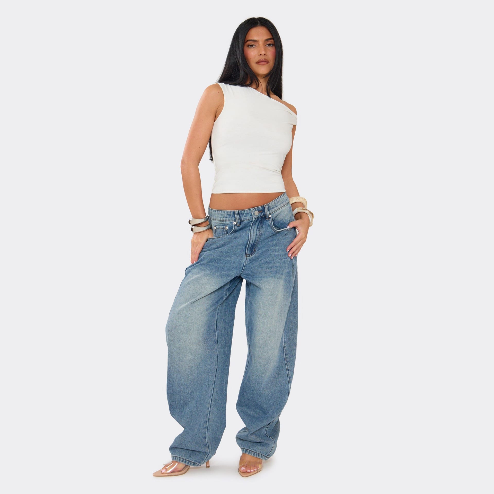 EGO Oversized Barrel Jeans In Mid Blue Denim, Women's