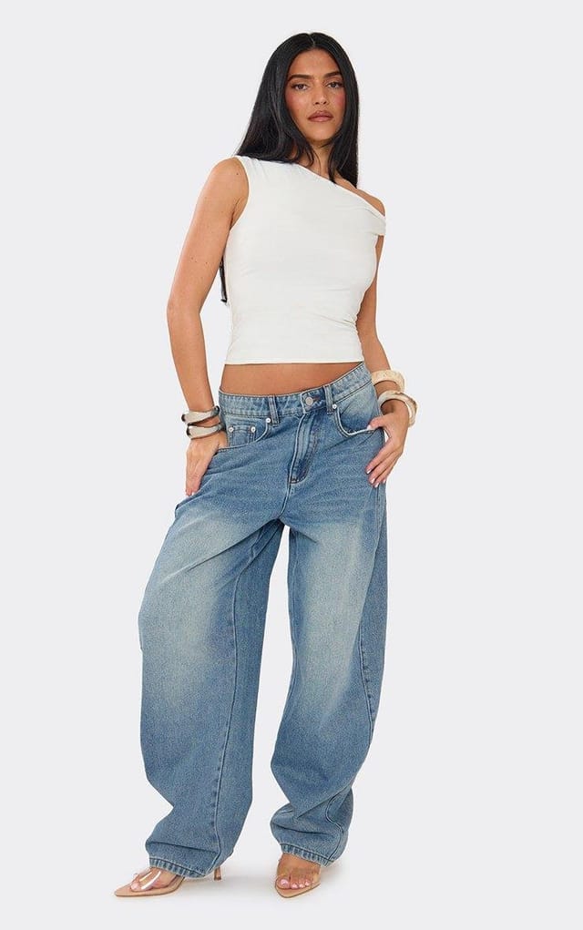 EGO Oversized Barrel Jeans In Mid Blue Denim, Women's Size UK 6 - 2