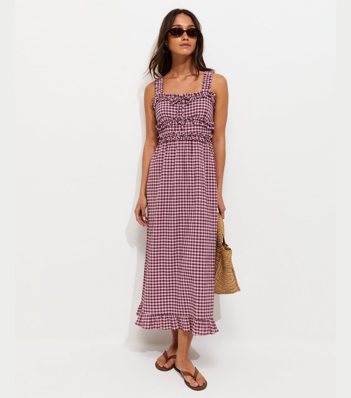 New Look Women's Pink Crinkle Texture Frill Trim Gingham Midi Dress New Look