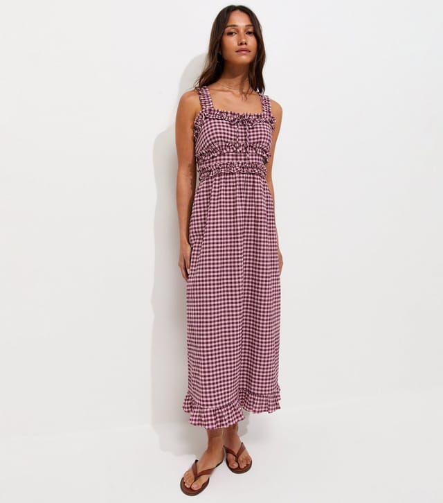 New Look Women's Pink Crinkle Texture Frill Trim Gingham Midi Dress New Look - 3