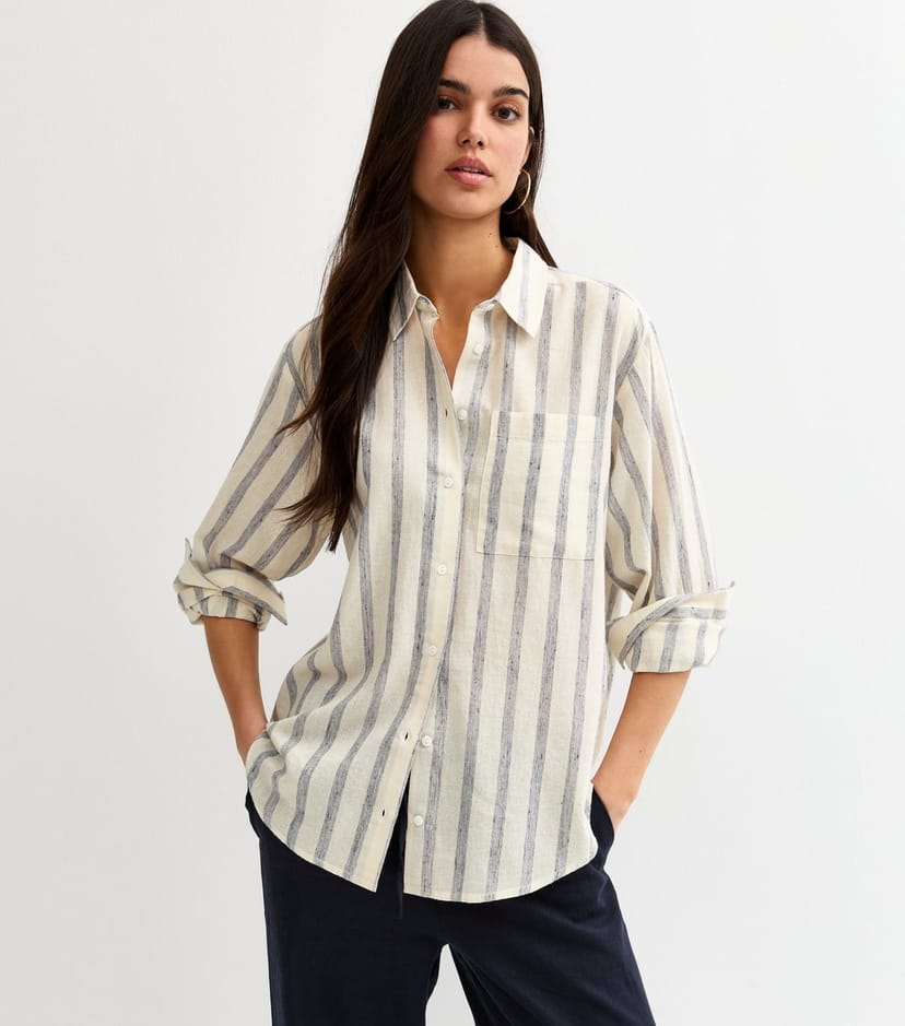 New Look Women's Cream and Blue Striped Long Sleeve Shirt New Look - 1