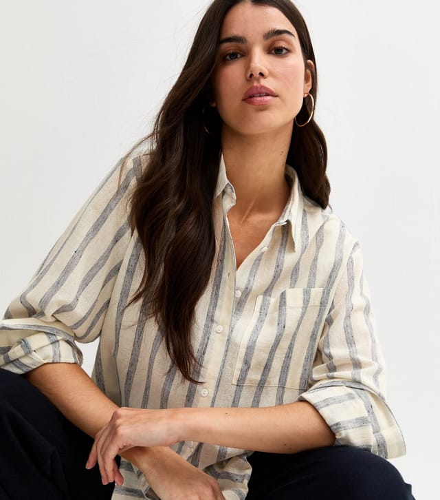 New Look Women's Cream and Blue Striped Long Sleeve Shirt New Look - 2