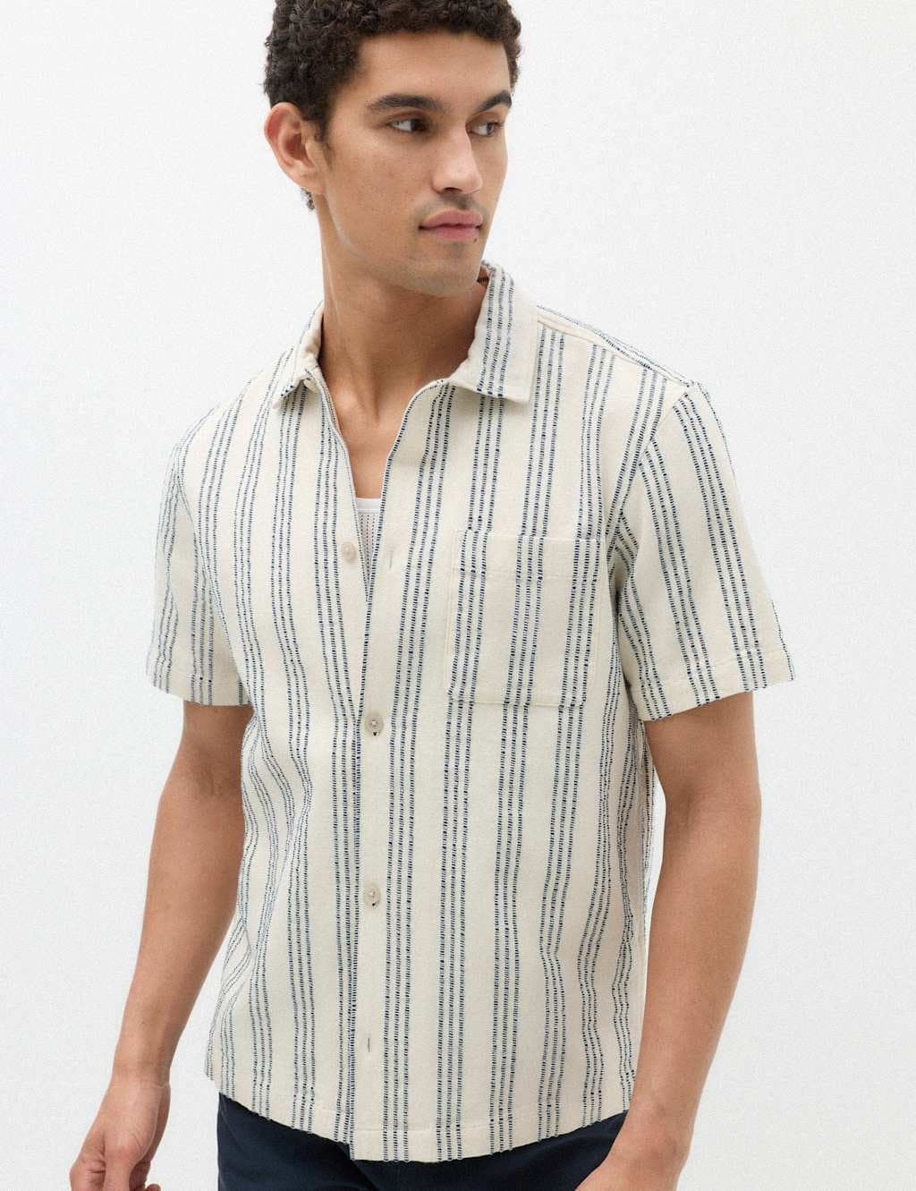 Marks & Spencer M&S Pure Cotton Textured Short Sleeve Shirt Natural Mix