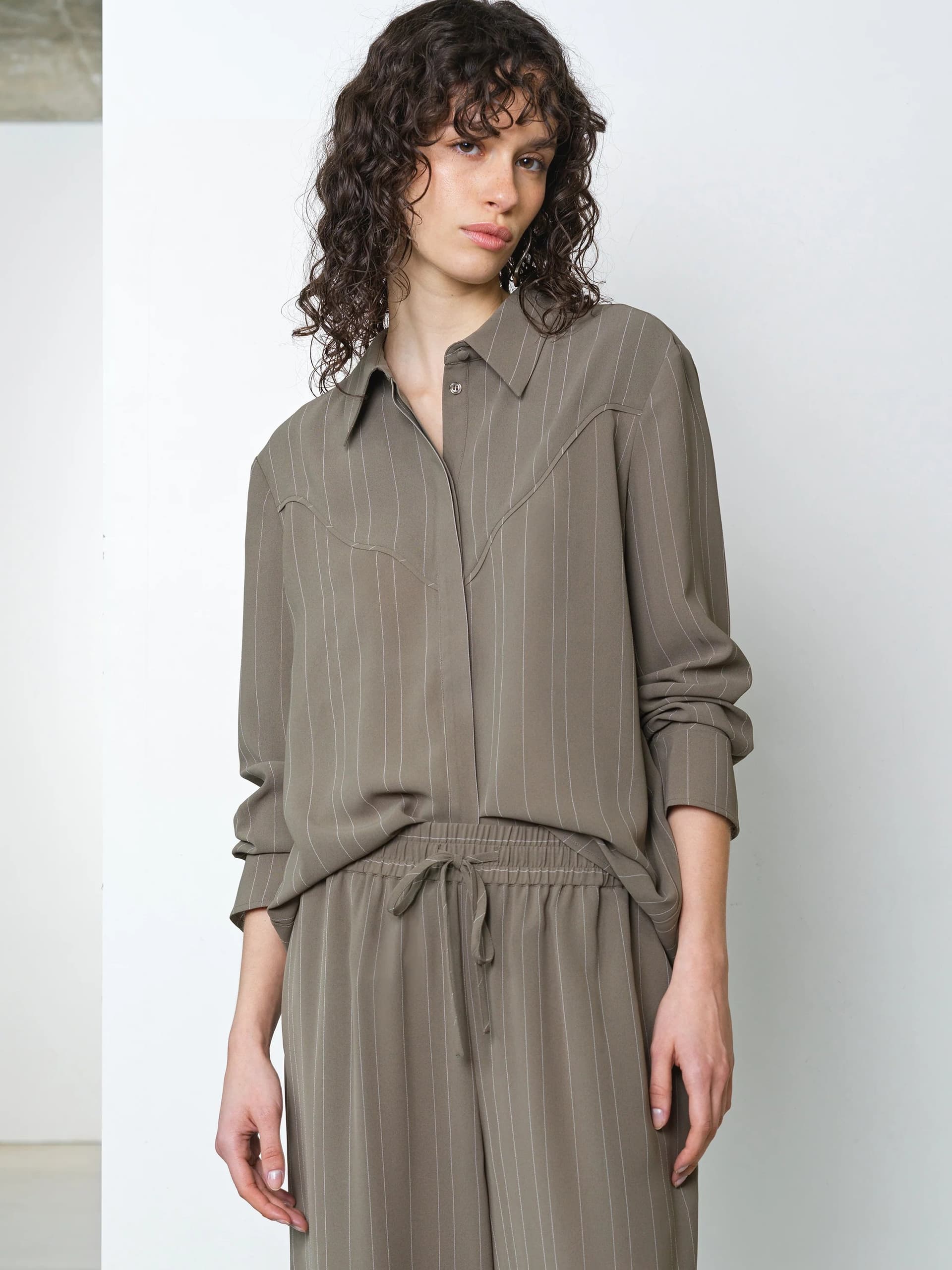 French Connection Erma Pinstripe Western Yoke Khaki Green Shirt Vintage Khaki/White