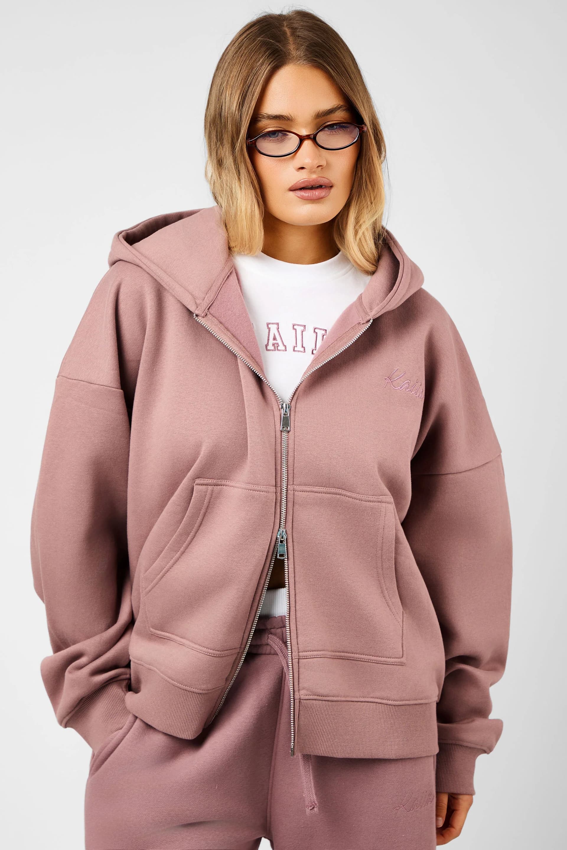 Kaiia Kaiia Script Logo Double Ended Zip Through Oversized Hoodie Rosewood