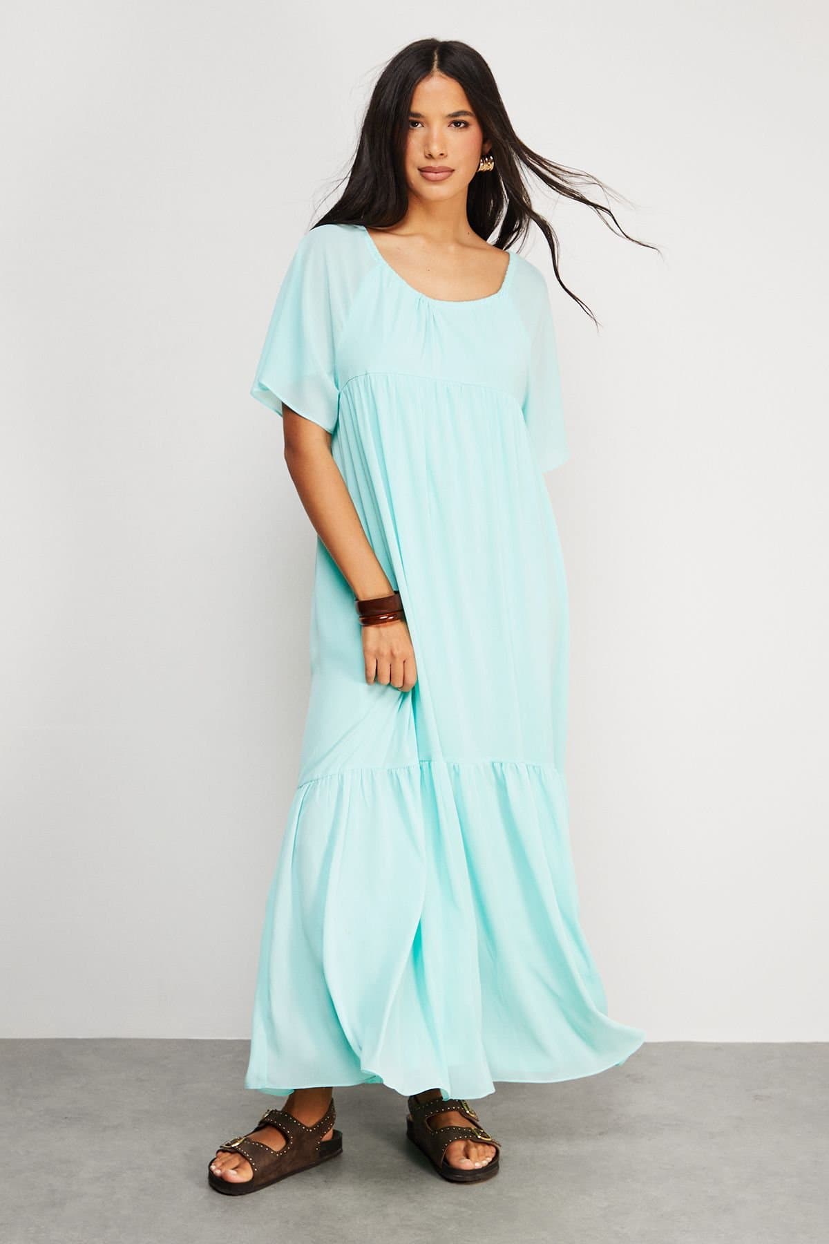 Warehouse Warehouse Women's Chiffon Tier Smock Midi Dress in Blue