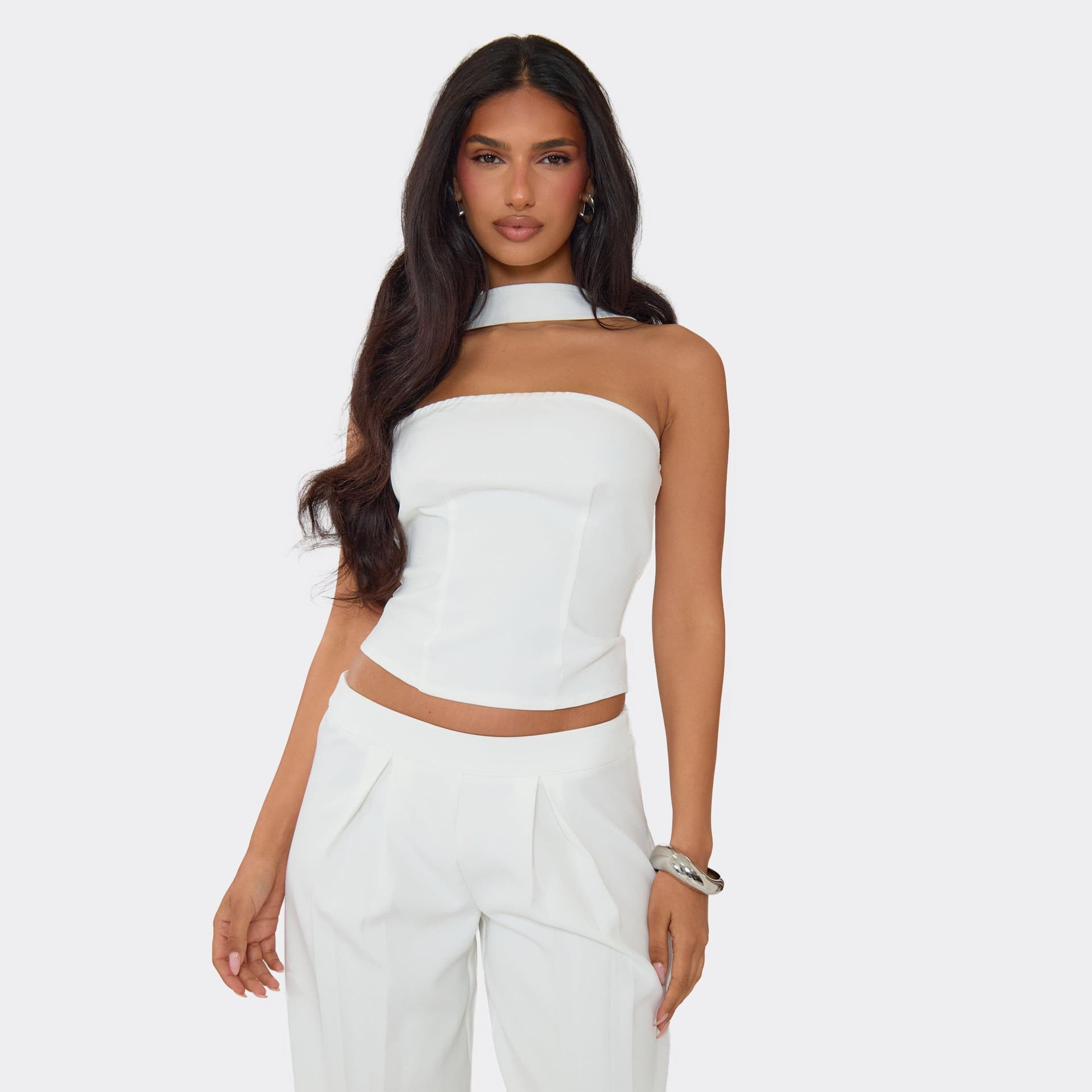EGO Bandeau Neck Wrap Detail Corset Top In White, Women's Size UK 6