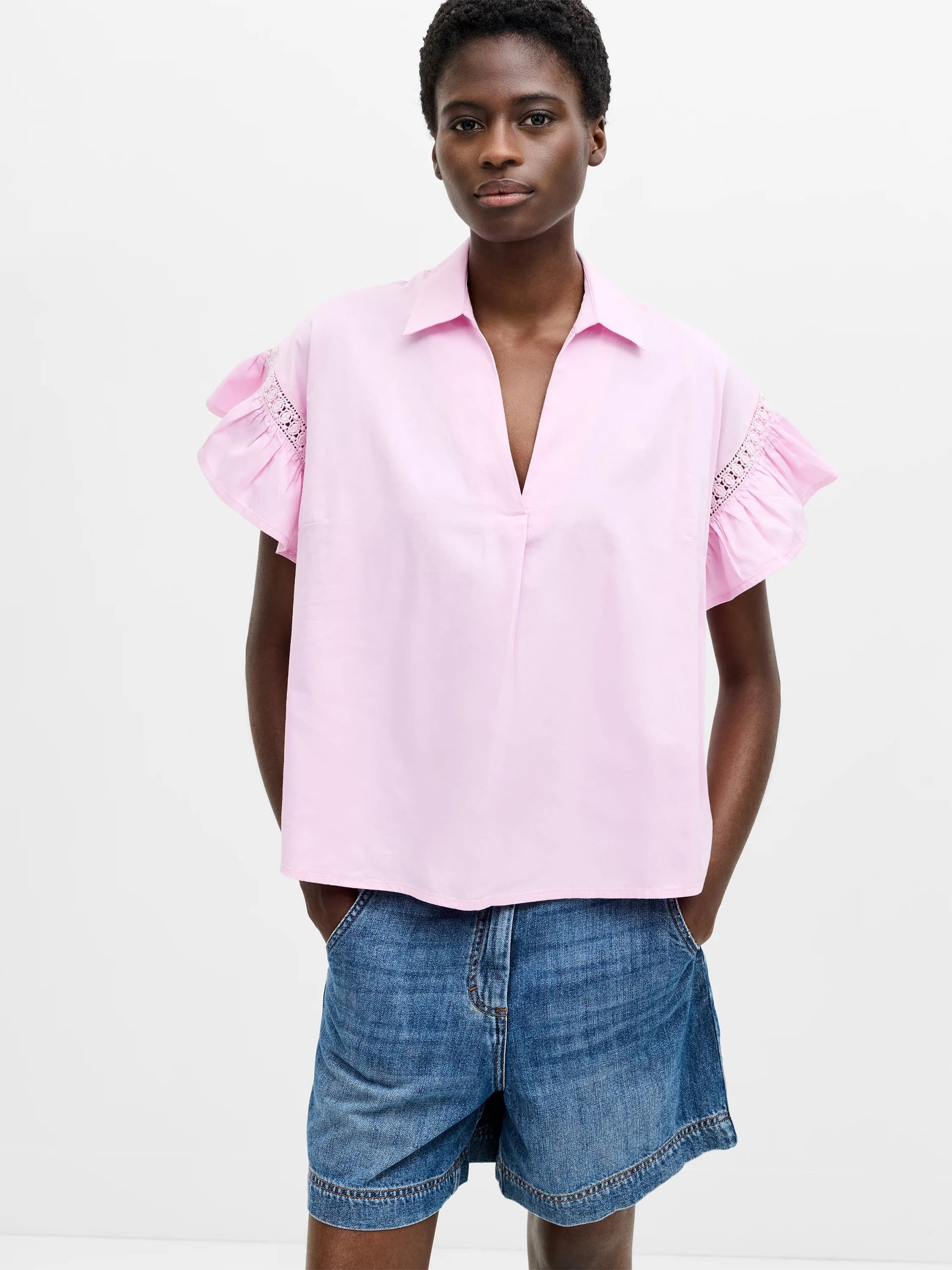 French Connection Trim Detail Flutter Sleeve Popover Shirt Violet Pink