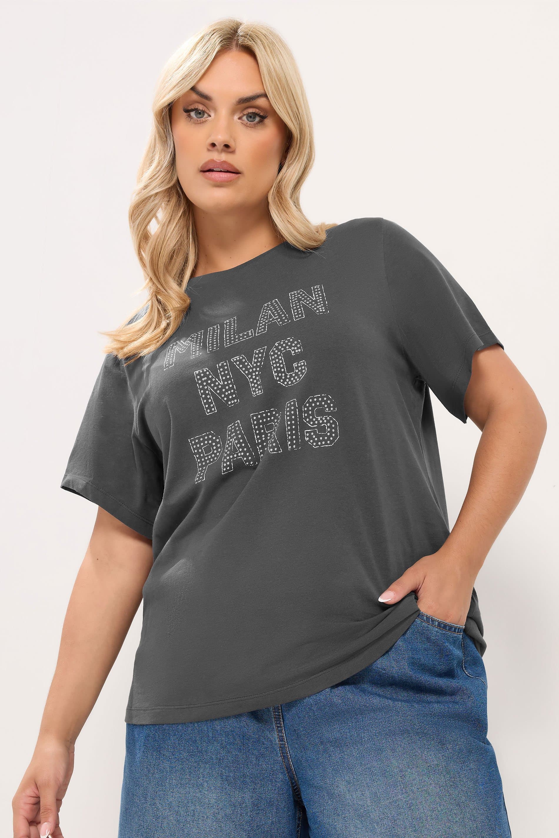 Yours Plus Size Grey 'Milan, Nyc & Paris' Studded Tshirt