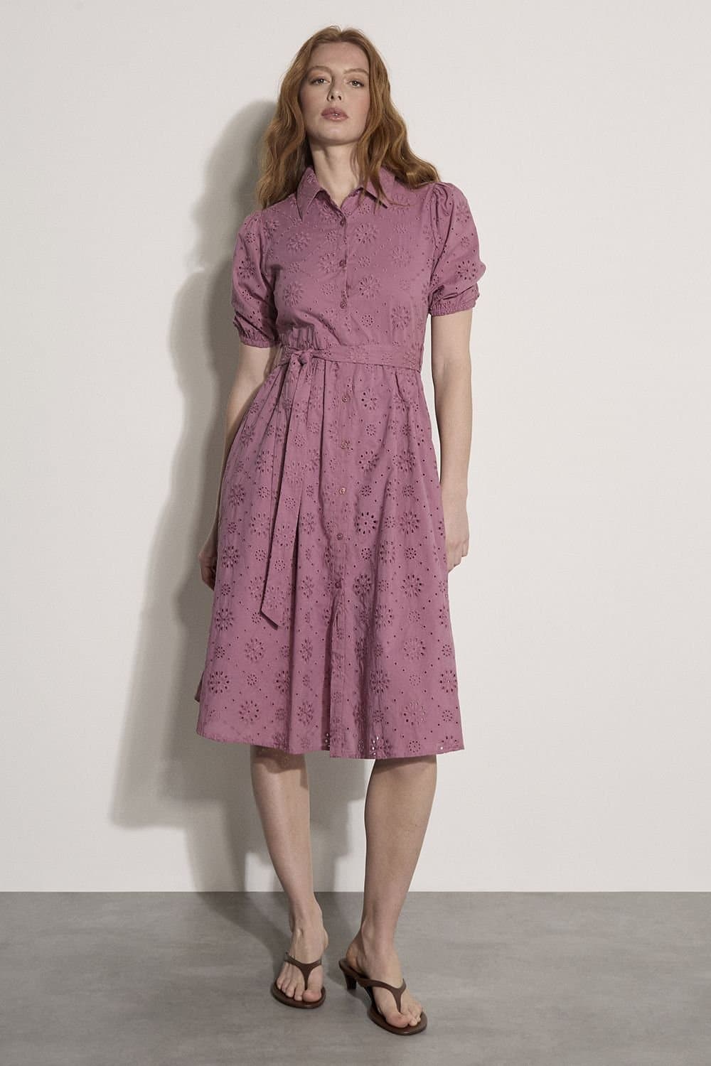 Apricot Apricot Women's Cotton Broderie Shirt Midi Dress in Burgundy