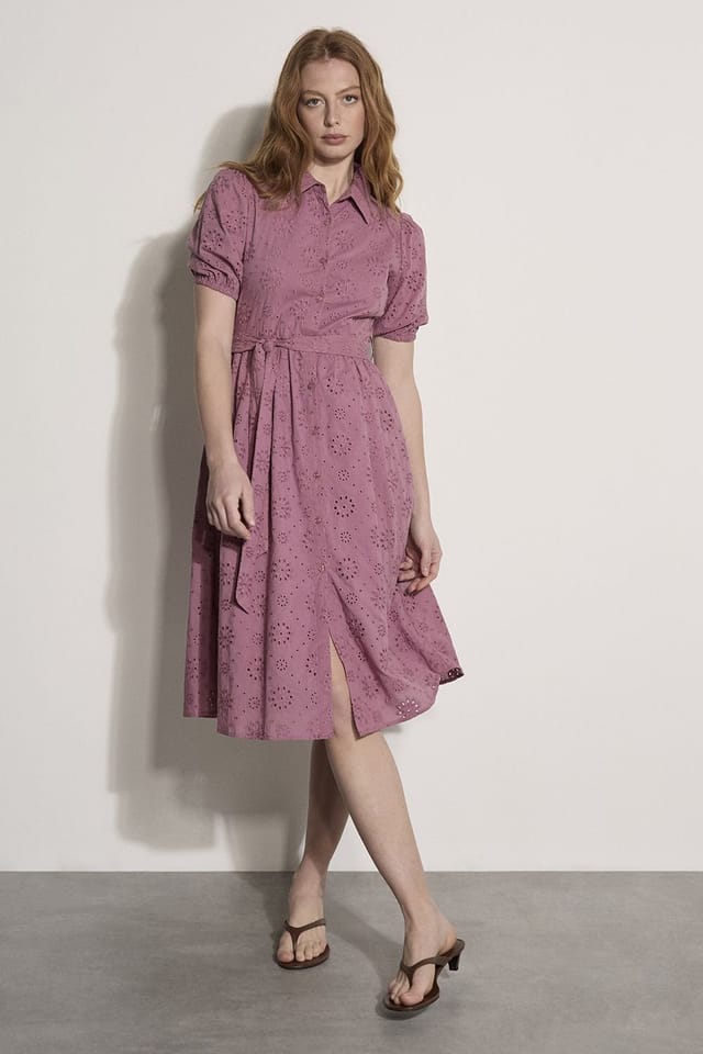 Apricot Apricot Women's Cotton Broderie Shirt Midi Dress in Burgundy - 2