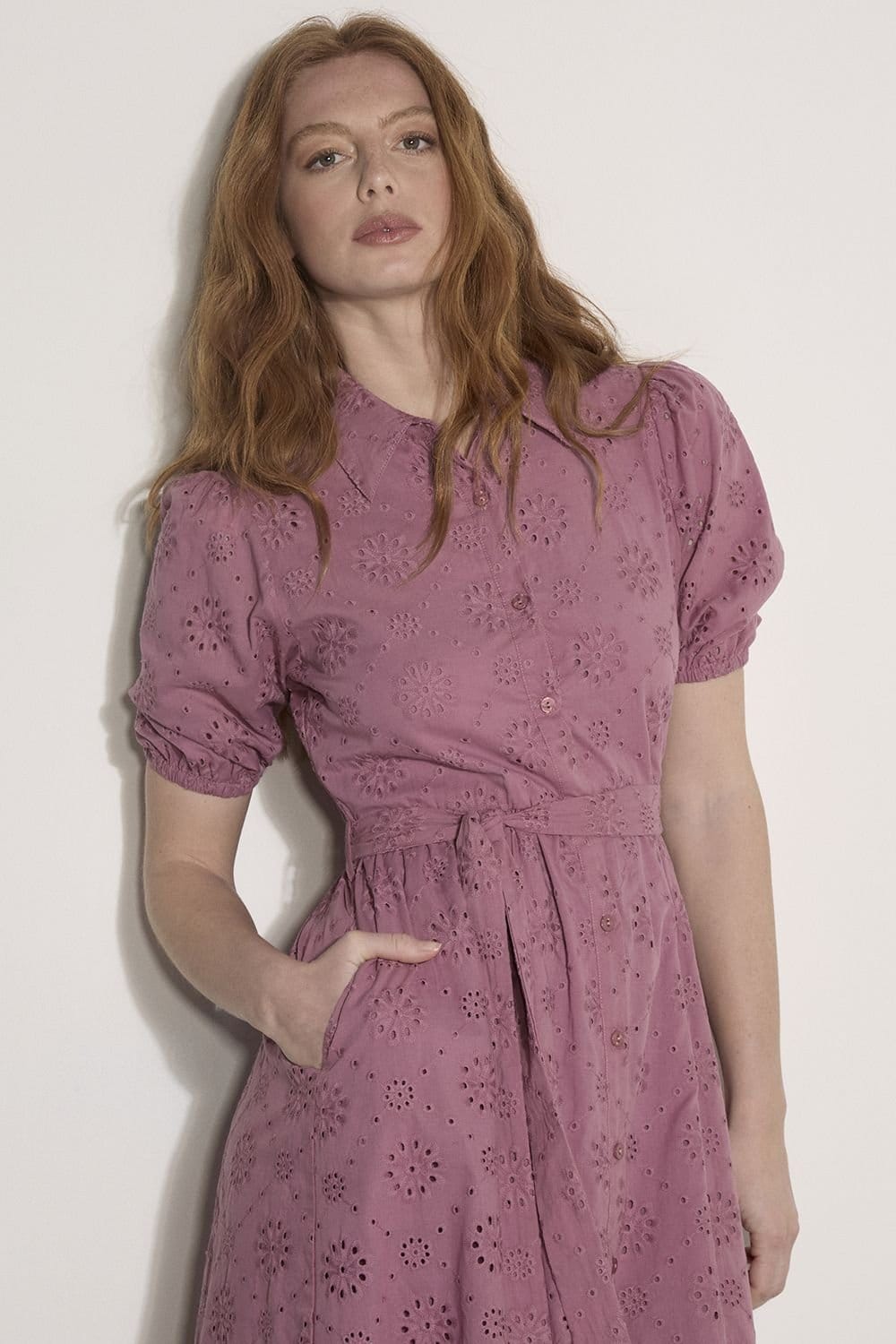 Apricot Apricot Women's Cotton Broderie Shirt Midi Dress in Burgundy - 4