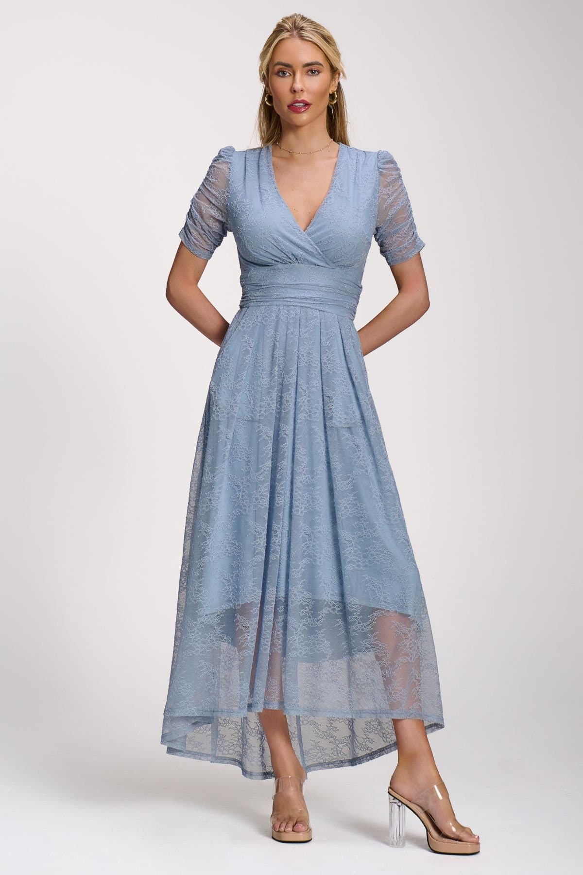Jolie Moi Jolie Moi Women's Lace Ruched Sleeve Dip Hem Maxi Dress in Blue