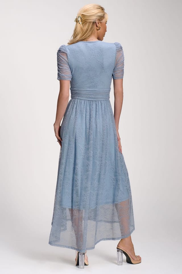 Jolie Moi Jolie Moi Women's Lace Ruched Sleeve Dip Hem Maxi Dress in Blue - 2
