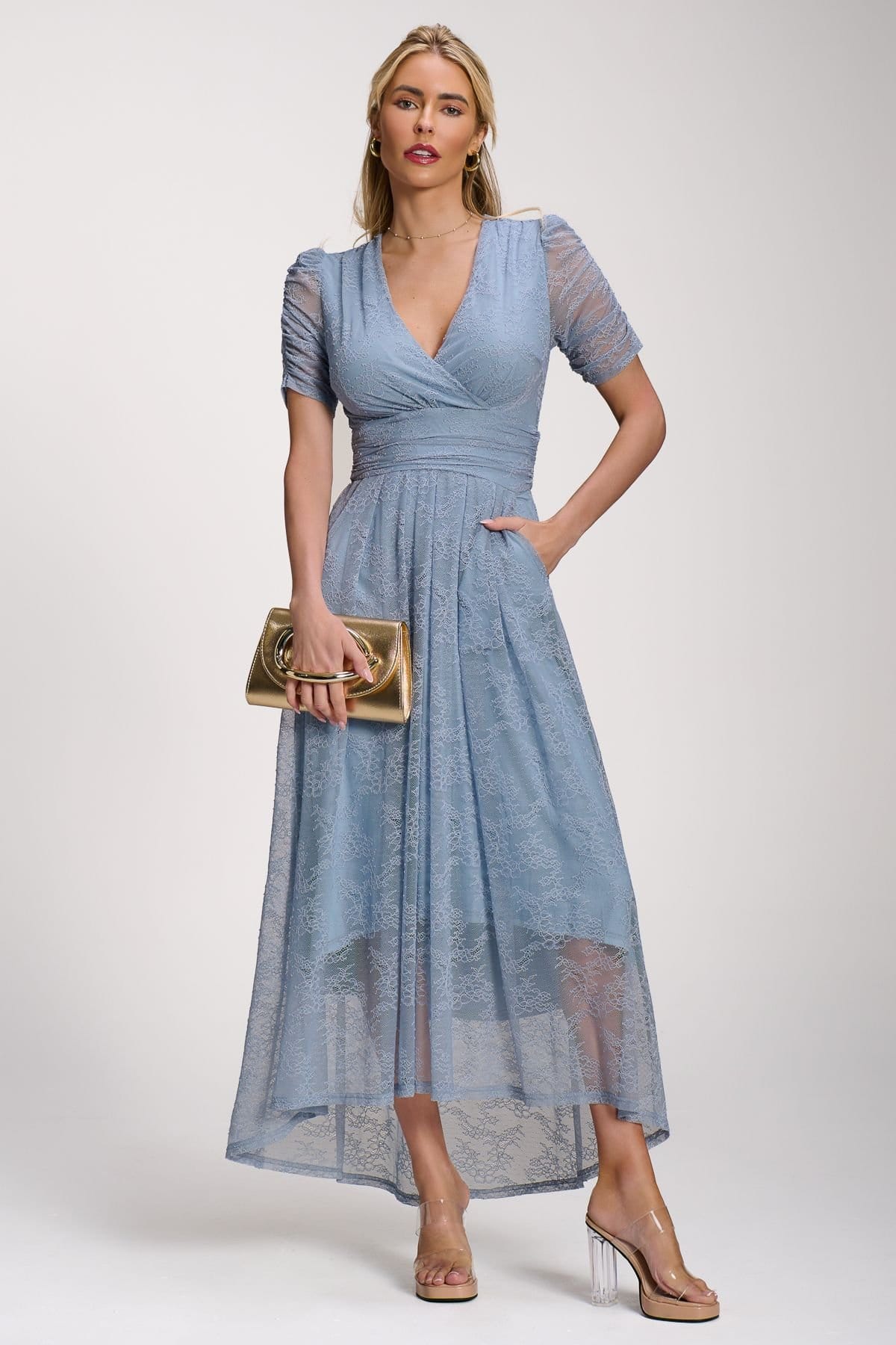 Jolie Moi Jolie Moi Women's Lace Ruched Sleeve Dip Hem Maxi Dress in Blue - 4