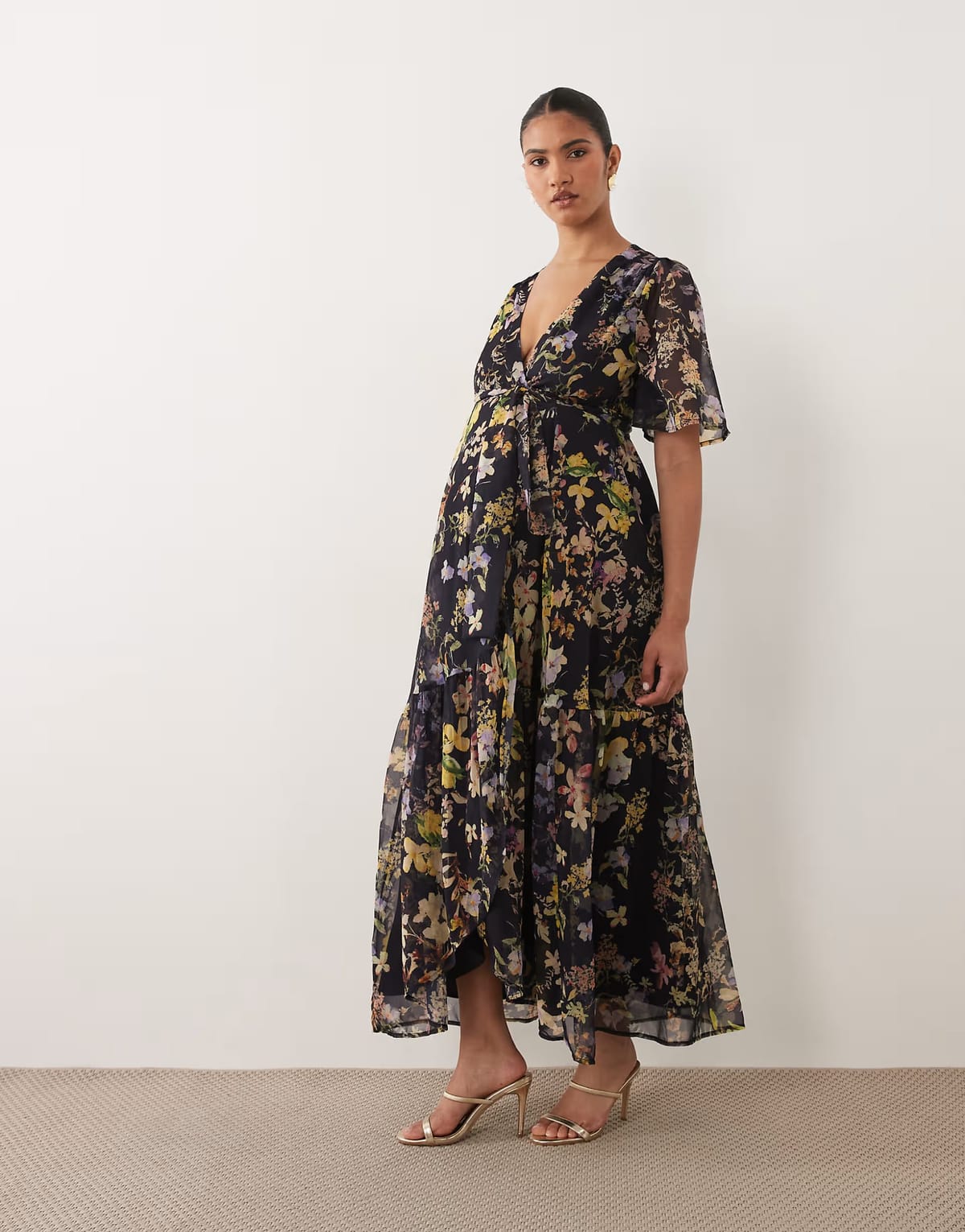 ASOS Hope & Ivy Maternity flutter sleeve wrap maxi dress in navy floral - 1