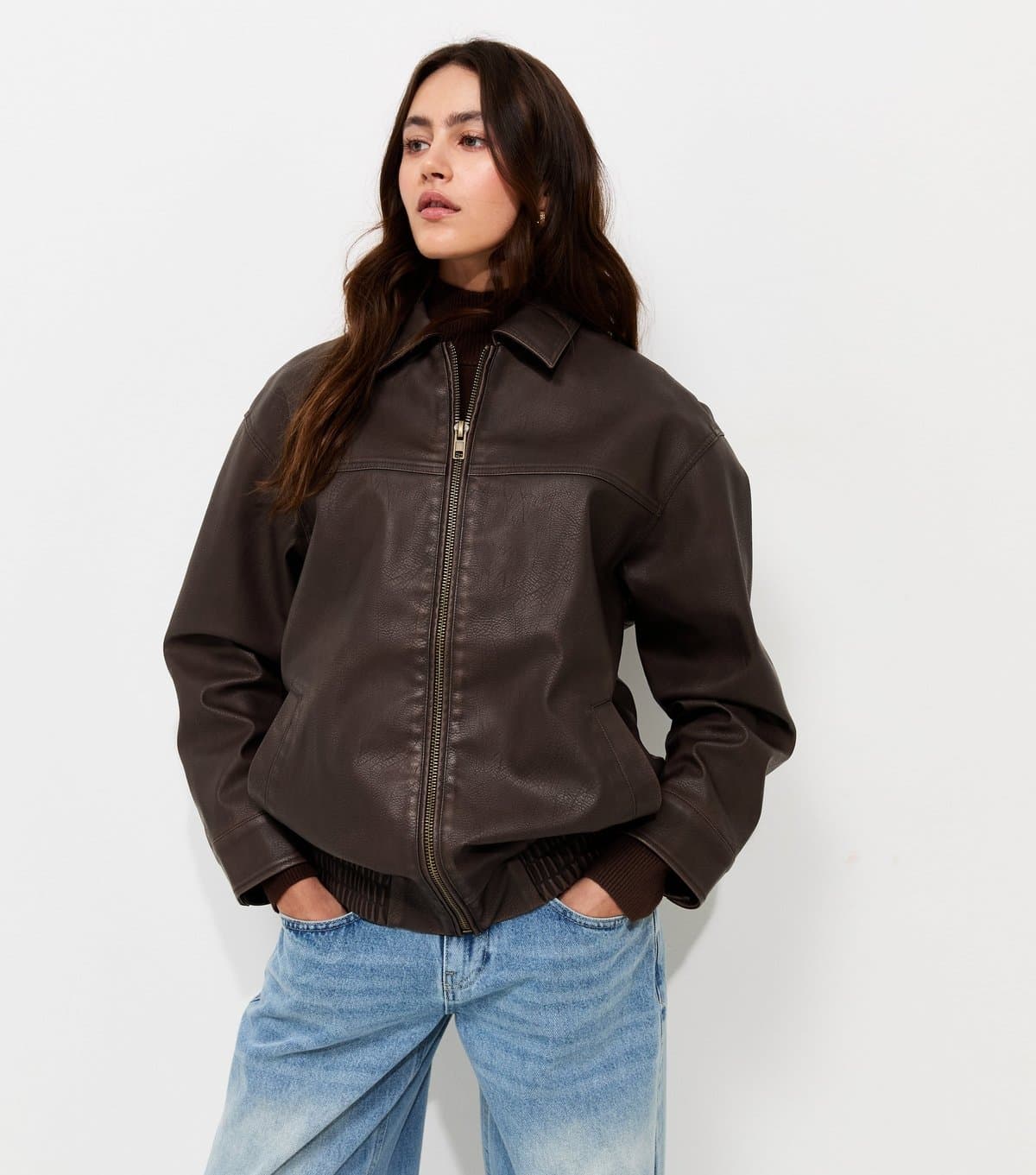 New Look Women's Dark Brown Faux Leather Washed Oversized Jacket New Look