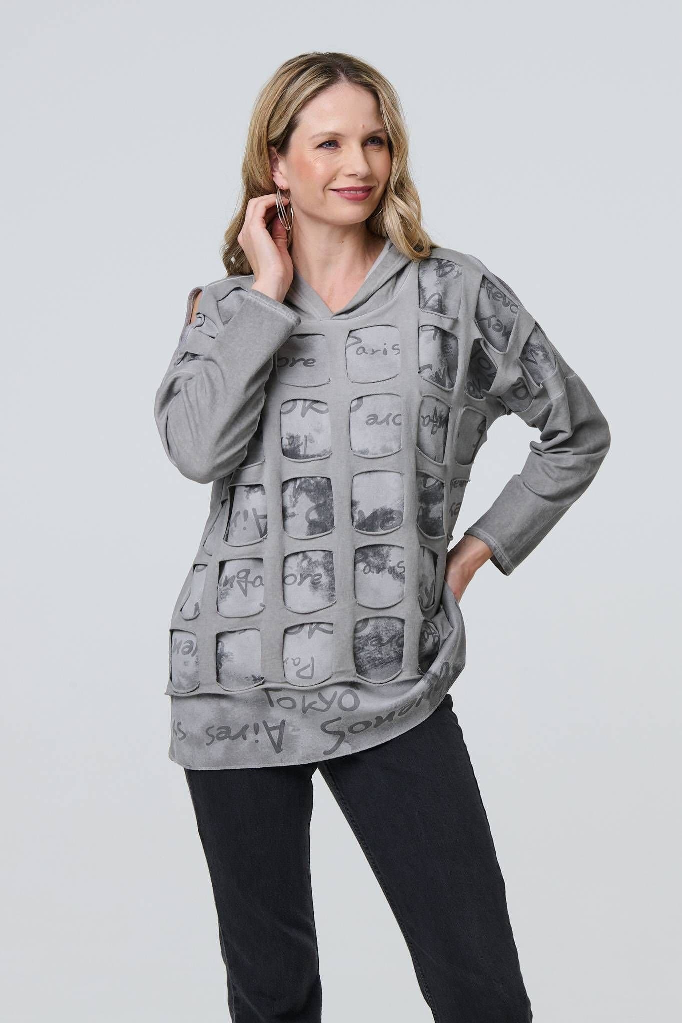 Izabel London Izabel London Women's Graphic Print Cut Out Layer Hoodie in Silver