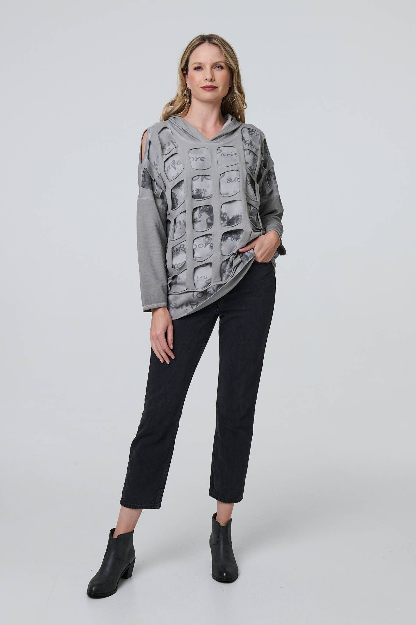 Izabel London Izabel London Women's Graphic Print Cut Out Layer Hoodie in Silver - 4
