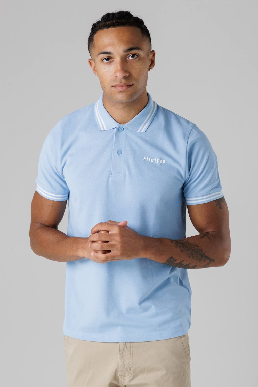 Firetrap Firetrap Men's Regular Fit Cotton Button Polo Shirt with Stripe Detail in Mid Blue - 3