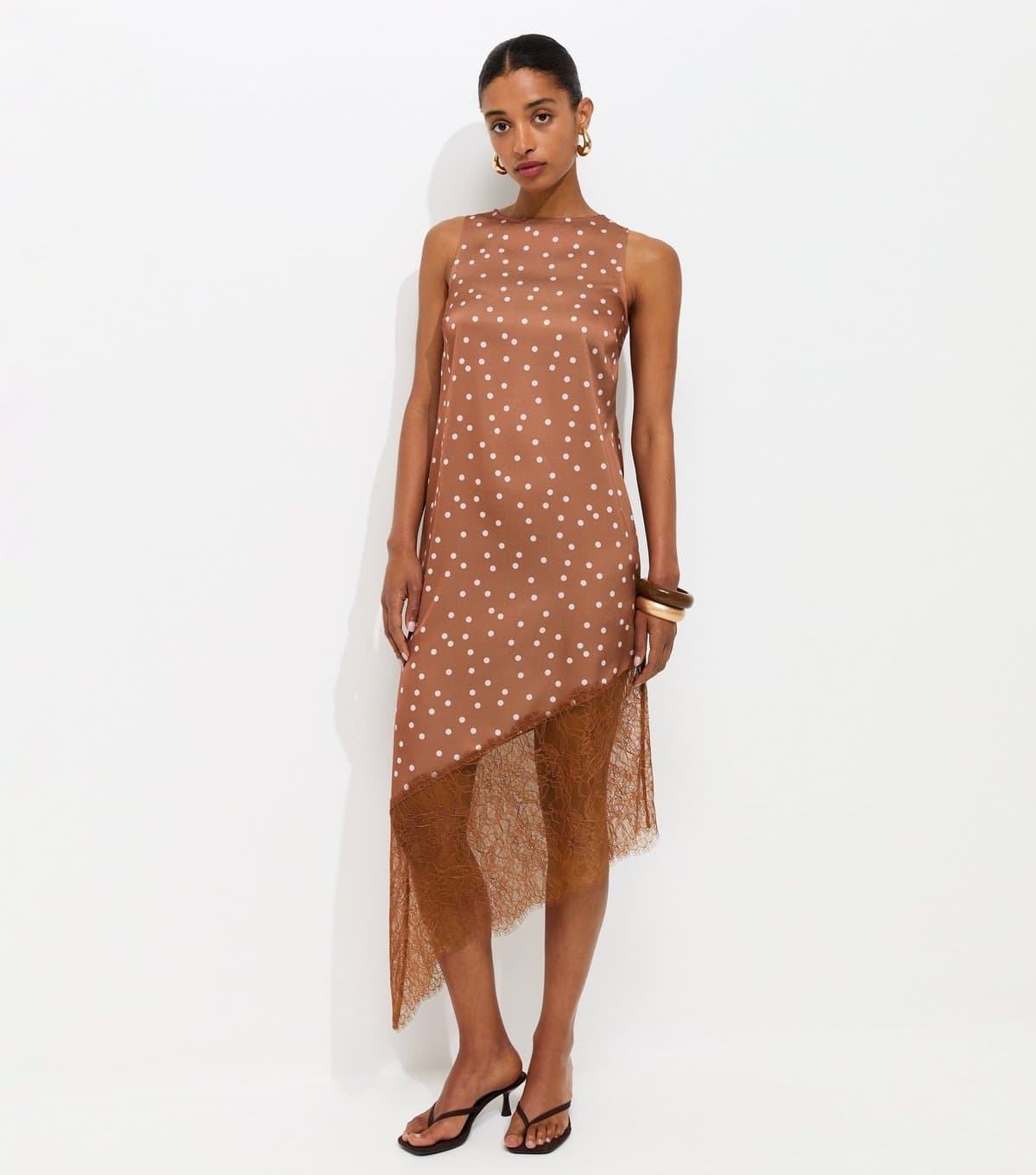 New Look Women's Brown Satin Spot Print Asymmetric Lace Hem Midi Dress New Look