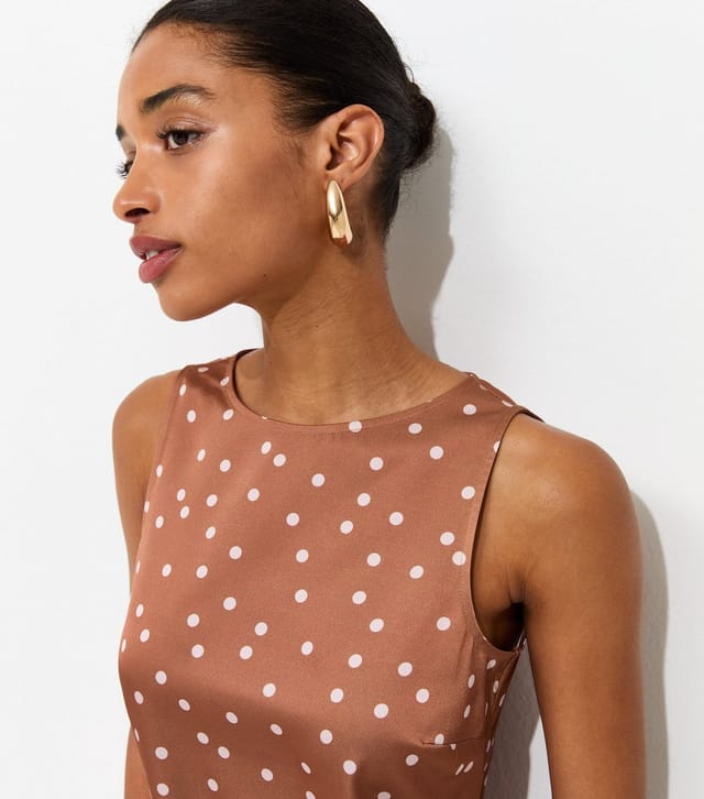 New Look Women's Brown Satin Spot Print Asymmetric Lace Hem Midi Dress New Look - 2