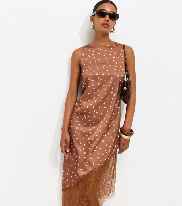 New Look Women's Brown Satin Spot Print Asymmetric Lace Hem Midi Dress New Look - 3