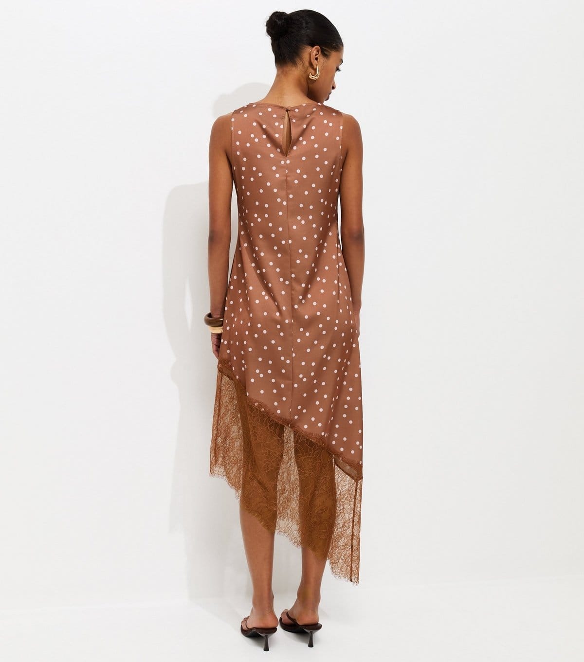 New Look Women's Brown Satin Spot Print Asymmetric Lace Hem Midi Dress New Look - 4