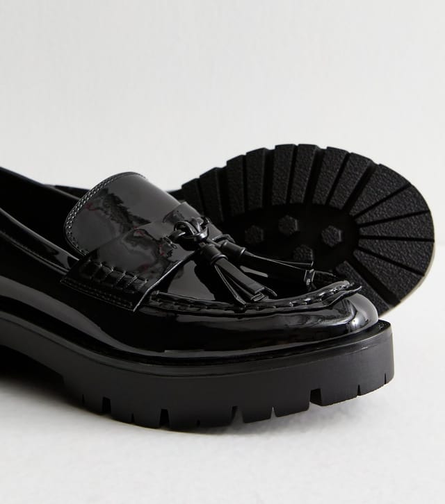 New Look Women's Wide Fit Black Patent Faux Leather Tassel Chunky Penny Loafers Vegan New Look - 3