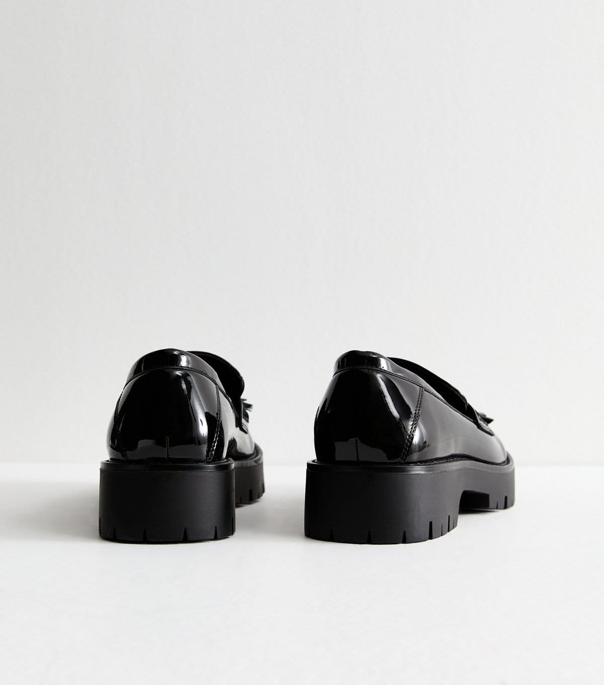 New Look Women's Wide Fit Black Patent Faux Leather Tassel Chunky Penny Loafers Vegan New Look - 4