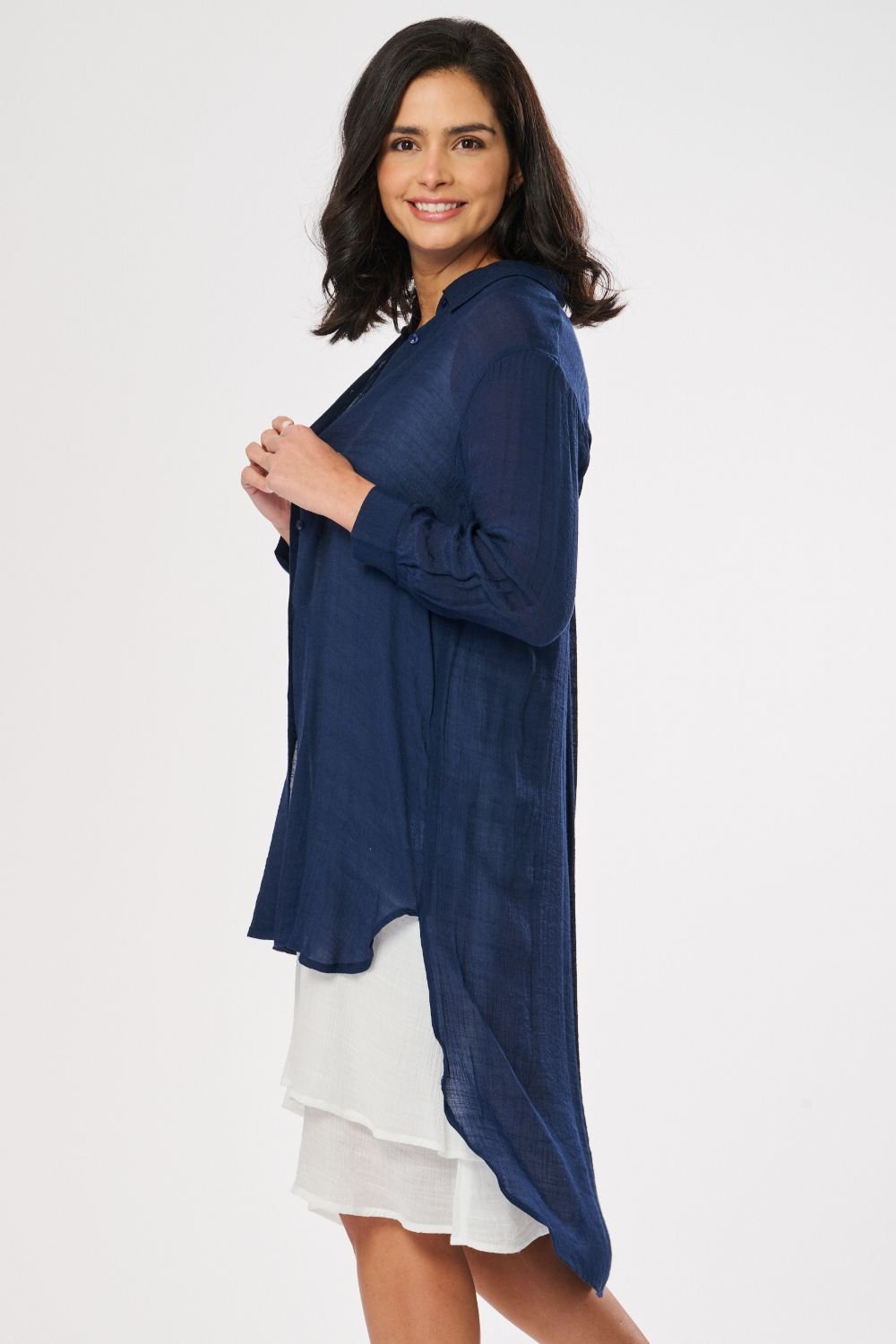 Saloos Saloos Women's Layered White Dress with Dip Back Shirt in Navy - 2