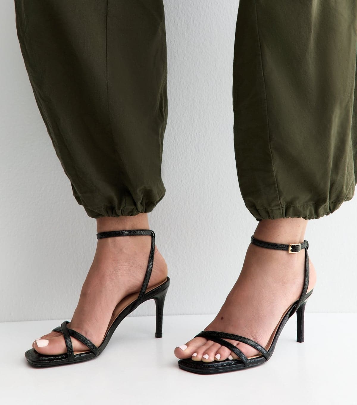 New Look Women's Black Faux Leather Snake Embossed Strappy Stiletto Sandals Vegan New Look