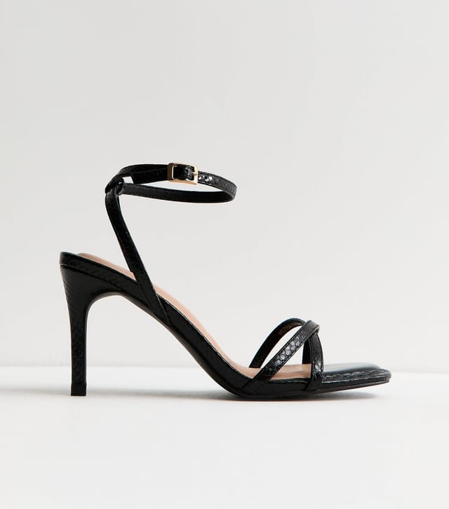 New Look Women's Black Faux Leather Snake Embossed Strappy Stiletto Sandals Vegan New Look - 2