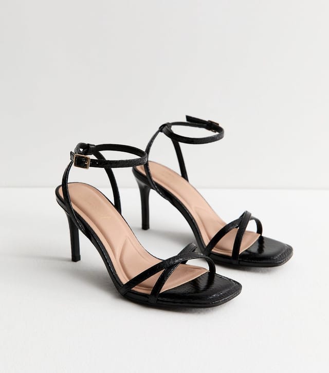 New Look Women's Black Faux Leather Snake Embossed Strappy Stiletto Sandals Vegan New Look - 3