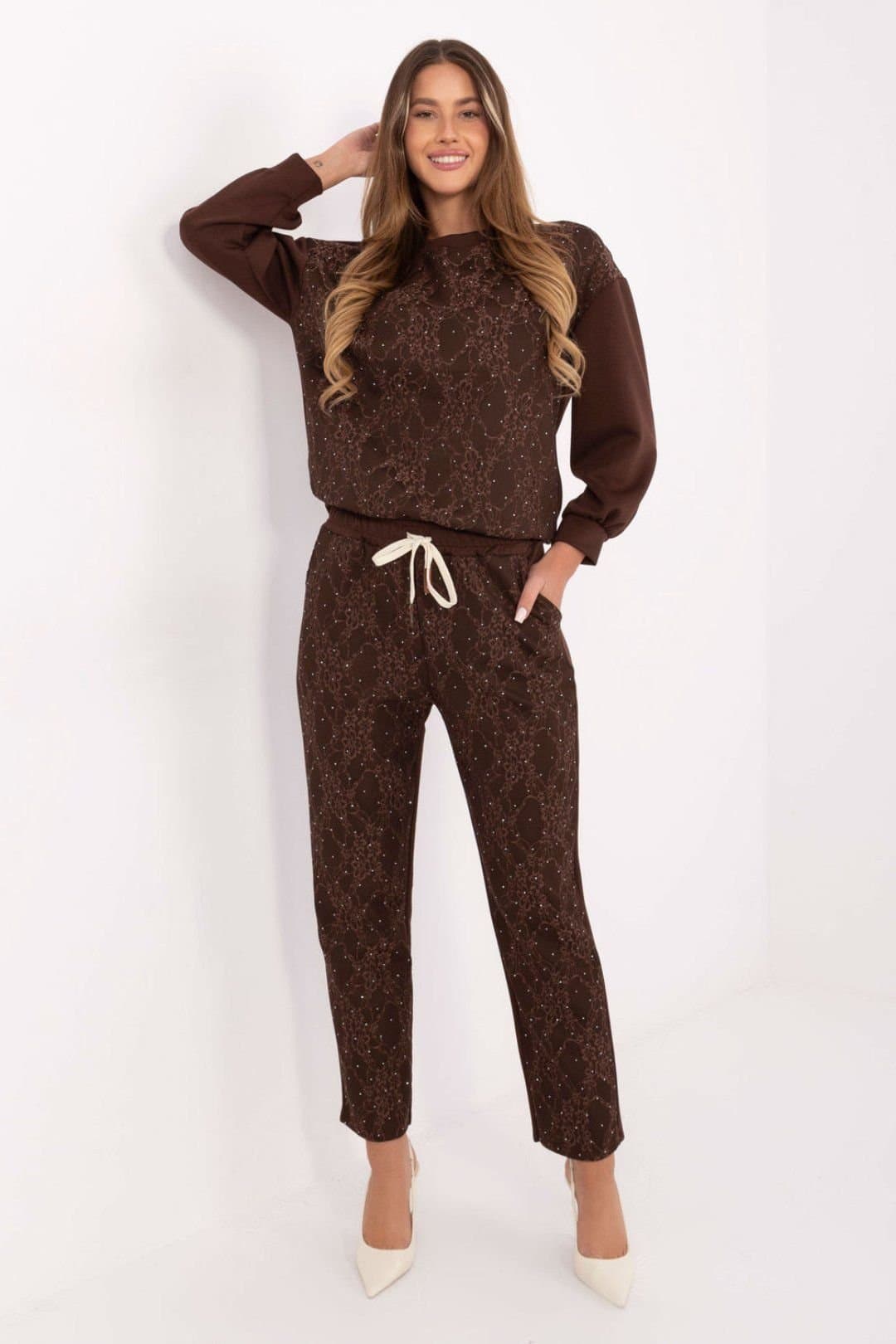 Love Lace Love Lace Women's Stylish Lace Bead Hoodie & Tapered Pants Set in Brown