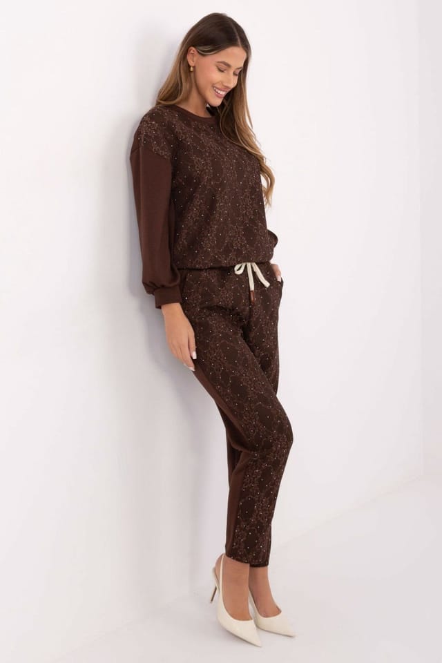 Love Lace Love Lace Women's Stylish Lace Bead Hoodie & Tapered Pants Set in Brown - 2