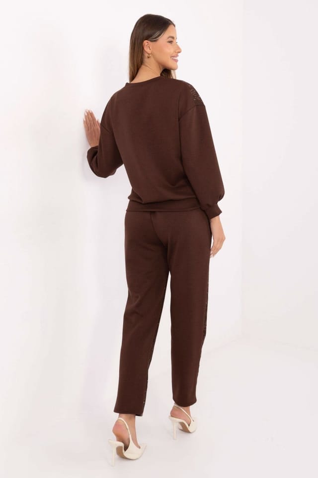Love Lace Love Lace Women's Stylish Lace Bead Hoodie & Tapered Pants Set in Brown - 3