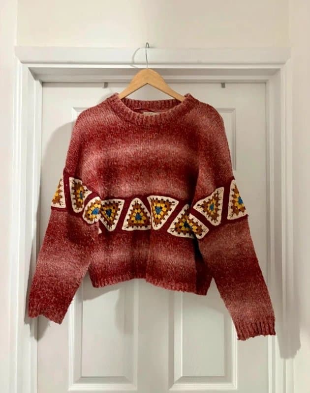 Pull & Bear Women's Pull & Bear Pink Mix Boho Granny Squares Crochet Boxy Knit Sweater Jumper Top size M 12-14
