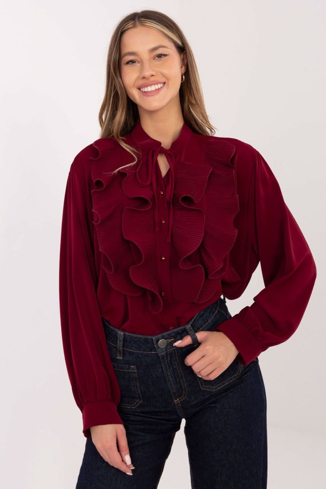 Love Lace Love Lace Women's Long Sleeve Pleated Jabot Tie Neck Shirt in Burgundy
