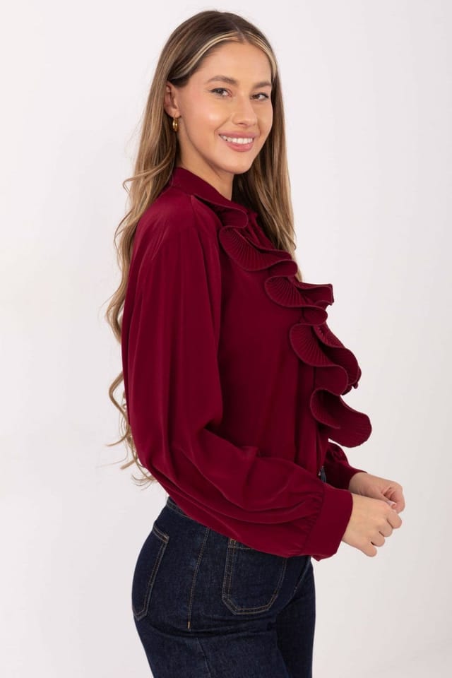Love Lace Love Lace Women's Long Sleeve Pleated Jabot Tie Neck Shirt in Burgundy - 2