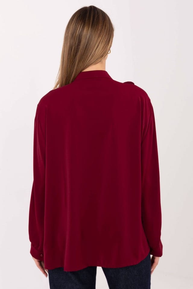 Love Lace Love Lace Women's Long Sleeve Pleated Jabot Tie Neck Shirt in Burgundy - 3