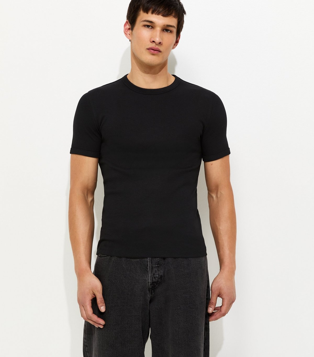 New Look Men's Black Muscle Fit Ribbed Jersey T-Shirt New Look - 2