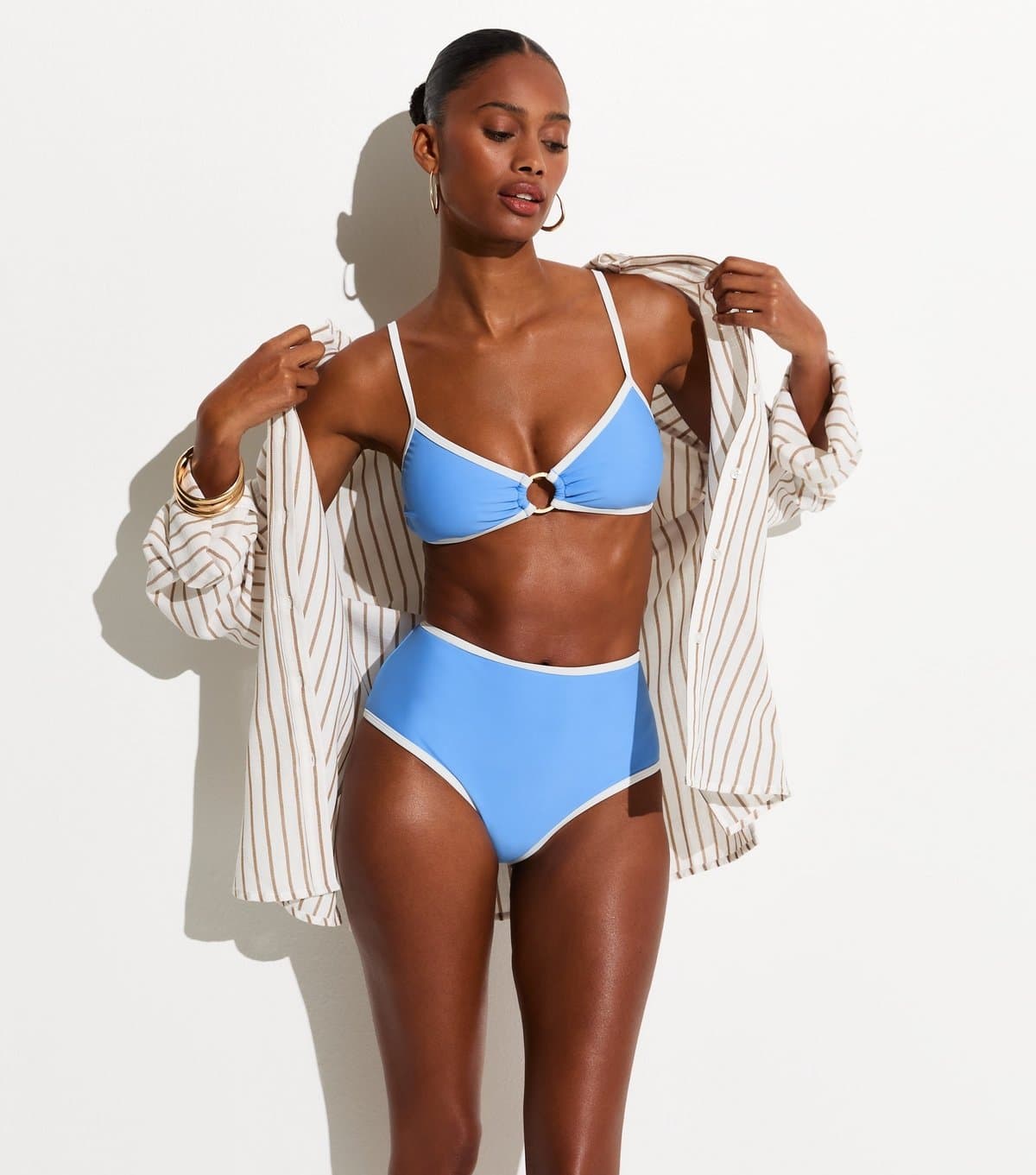 New Look Women's Light Blue Contrast Trim High Waist Bikini Bottoms New Look