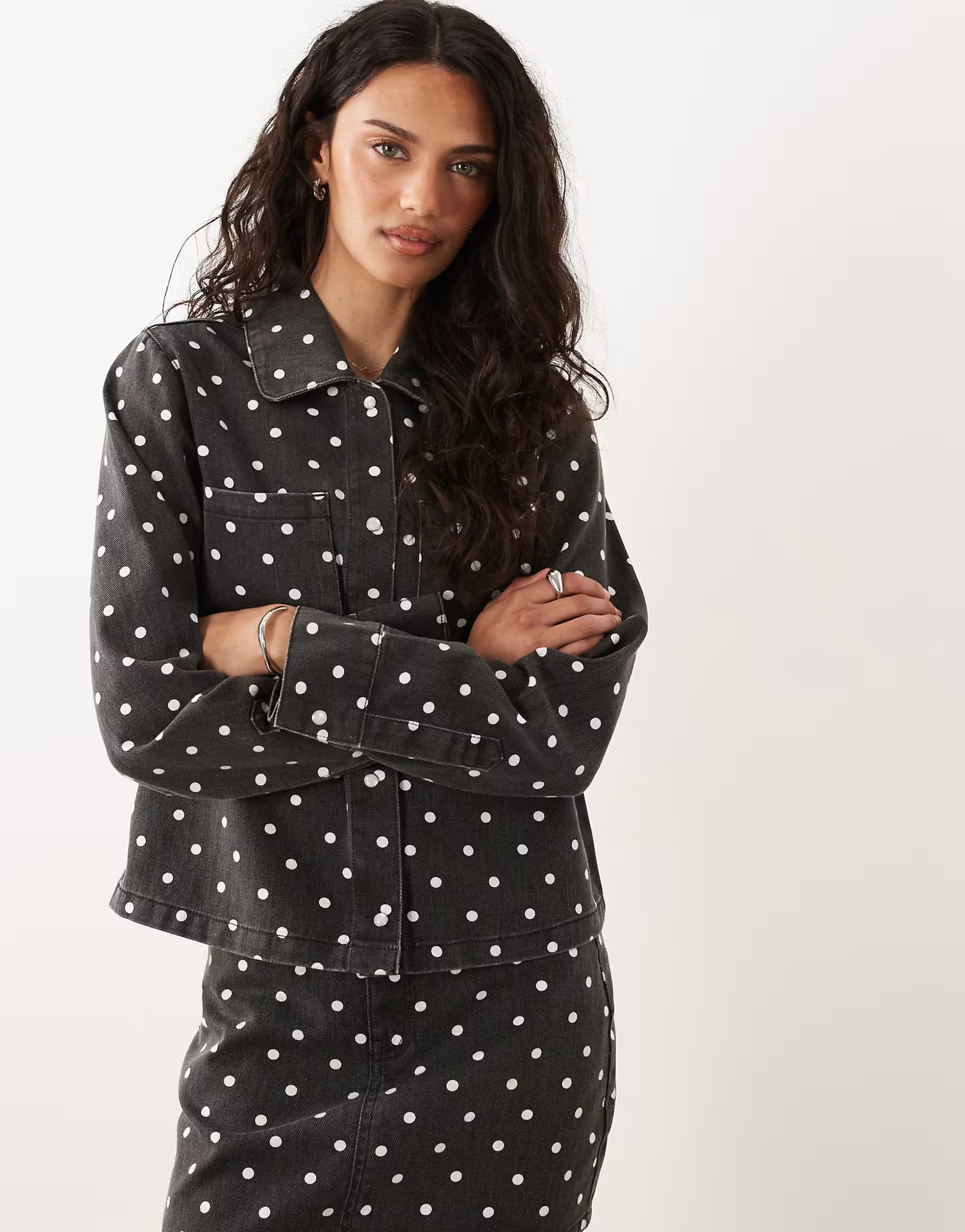 ASOS Threadbare co-ord denim jacket in black and white polka dot